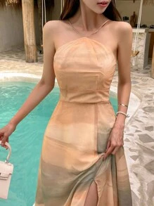 DAZY Women Solid Color Spaghetti Strap Split Hem Printed Casual Dress Sundress - Coral Orange - View 6