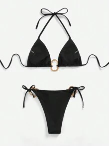 Swim Vcay Women Asymmetrical Metal Embellish Bikini Set Summer - Black - View 5
