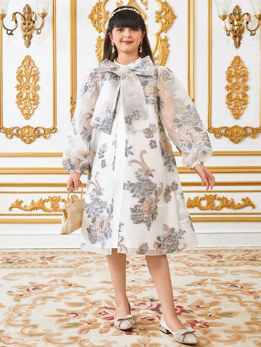 SHEIN Tween Girl Loose Elegant Jacquard Coat & Sleeveless Dress 2pcs Set - White - View 1