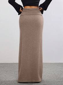 SHEIN EZwear Faldas de franela de punto de cable de uso casual para otoño/invierno - Caqui - Ver 3