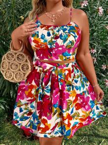 Flirla 2pcs/Set Plus Size Casual Suspender Sleeveless & Printed Shorts, Fashionable Daily Wear - Multicolor - View 3