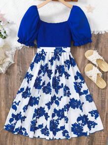 SHEIN Teen Girls Floral Print Puff Sleeve Shirred Dress - Blue and White - View 2