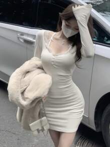 DAZY 女式撞色蕾丝吊带迷你裹身裙，白色，春秋季长袖连衣裙 - 白色 - 查看 3