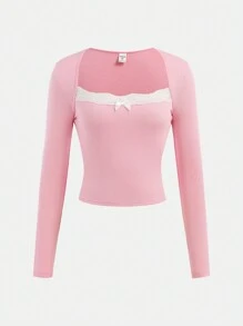 SHEIN Girlism Solid Color Ribbed Ruffle Collar Long Sleeve Tight Fit Tee Shirt For Teenage Girls, Versatile Street Wear - Pink - View 1