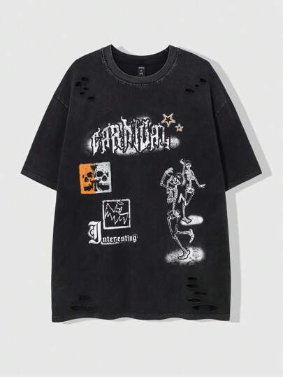 Grunge Punk Men's Grunge Dark Ripped Distressed T-Shirt With Acid-Washed, Spring/Summer