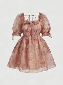 SHEIN MOD 大码卡其色小狗和粉色花卉印花泡泡袖芭蕾舞裙配领结装饰 - 彩色 - 查看 1
