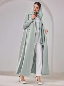 Al Najma 女士纯色长袖纽扣设计阿拉伯长袍，端庄长袍 - 綠色 - 查看 1