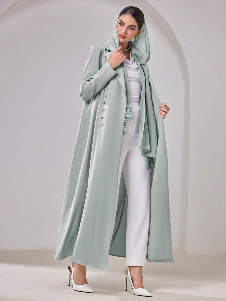 Al Najma 女士纯色长袖纽扣设计阿拉伯长袍，端庄长袍 - 綠色 - 查看 1