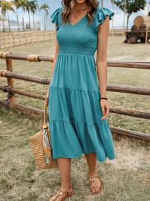 SHEIN LUNE Women's Casual Ruffle Trim Sleeveless Mid-Length Dress, Daily Basic Spring/Summer Wear - Green - View 4