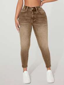 SHEIN PETITE Pantalones vaqueros casuales ajustados con bolsillo delantero y abotonados para mujer