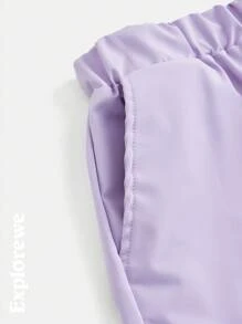 SHEIN Bộ 2 áo dài tay in chữ có túi và quần short cho bé gái lớn tuổi, tối giản và sáng bóng - Màu tím - Xem 3