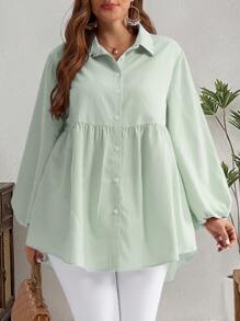 EMERY ROSE 大码冬季女式休闲条纹灯笼袖衬衫，度假风，波西米亚风，夏季女装 - 綠色 - 查看 4