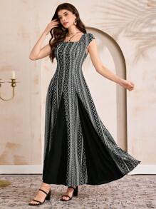 Al Najma Women's Geometric Print Square Neck Dolman Sleeve Elegant Arabic Style Dress, Arabian Dresses