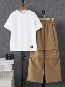 SHEIN 2pcs Teen Boys Casual White Short Sleeve T-Shirt & Khaki Cargo Pants Set, Street Style, Punk, Rock, School/Daily Outfit, Spring/Summer