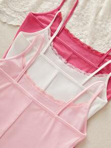 3pcs Set Young Girl's Solid Color Lace Patchwork Camisole & Jumpsuit Pajamas - Multicolor - View 4
