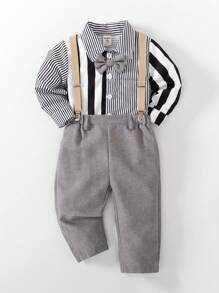 SHEIN Camisa de manga larga a rayas con pantalones cortos tipo tirantes para niños con estilo de caballero, que muestra un aspecto elegante y distinguido. Esta camisa de manga larga combina elementos a rayas y de cuadros, única y de moda. - Multicolor - Ver 3