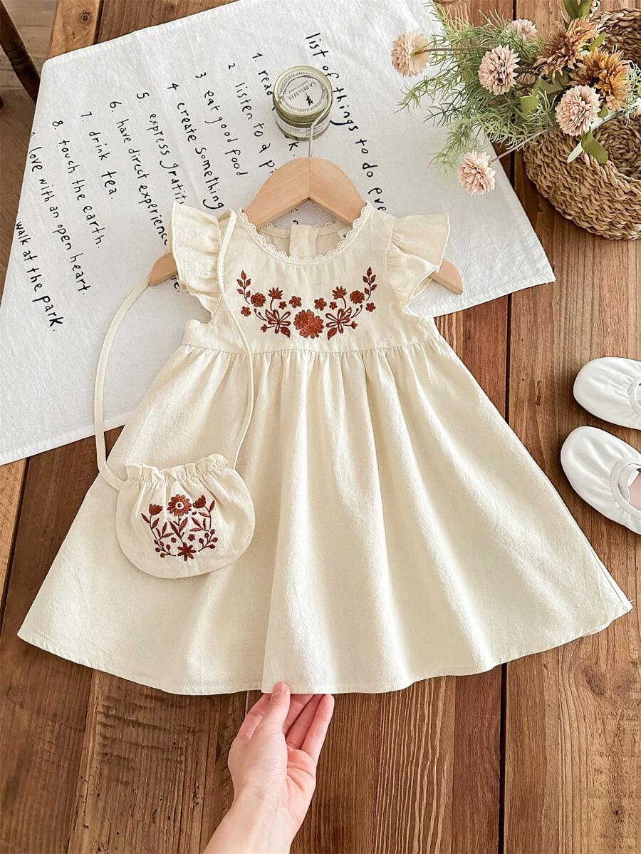 LMoss Kids LMoss Baby Girl Woven Embroidered Round Neck Ruffle Hem Dress With Diagonal Shoulder Bag,Sisters Outfit,Suitable For Spring And Summer