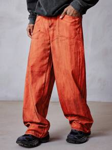 ROMWE MEN Grunge Punk Men's Loose Fit Wide Leg Pockets Casual Versatile Jeans - Burnt Orange - View 4
