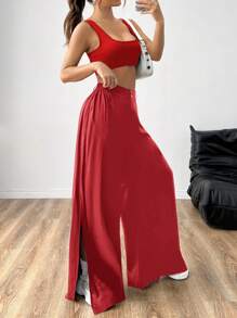 SHEIN EZwear Music Festival Flowy Slit Wide Leg Pants & Seamless Scoop Neck Cami Top - Red - View 7