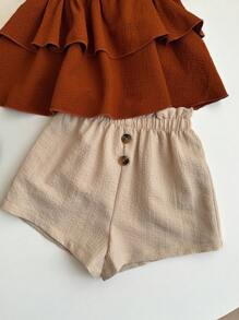 SHEIN LMoss Kids Baby Girl Cute Summer Vacation Ruffle Strap Top And Shorts Set - Brown - View 5