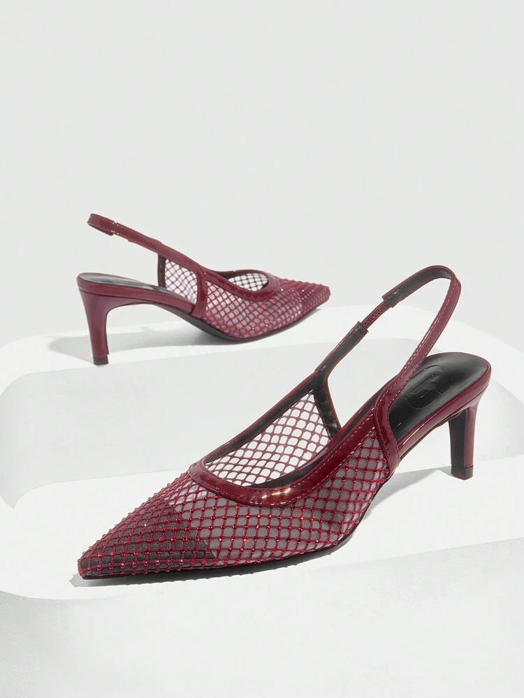 CUCCOO SZL Zapatos planos de mujer de malla rojo vino con detalles de rhinestone en punta, adecuados para ir al trabajo, citas, fiestas, bodas, vacaciones y San Valentín
