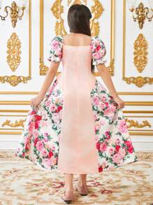 SHEIN Leap Crew Tween Girls Elegant Floral Print Color Block Puff Sleeve Dress - Multicolor - View 2