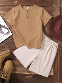 SHEIN Tween 男童 2 件套，春夏 Wildeya 新款，休闲度假极简主义波西米亚风 T 恤 2 件套服装套装，适合户外活动、日常穿着和节日聚会 - 彩色 - 查看 1