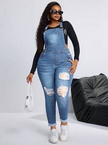 SHEIN SXY Plus Size Casual Ripped Denim Jumpsuit, Minimalist & Fashionable For Daily Wear - Light Wash - View 6