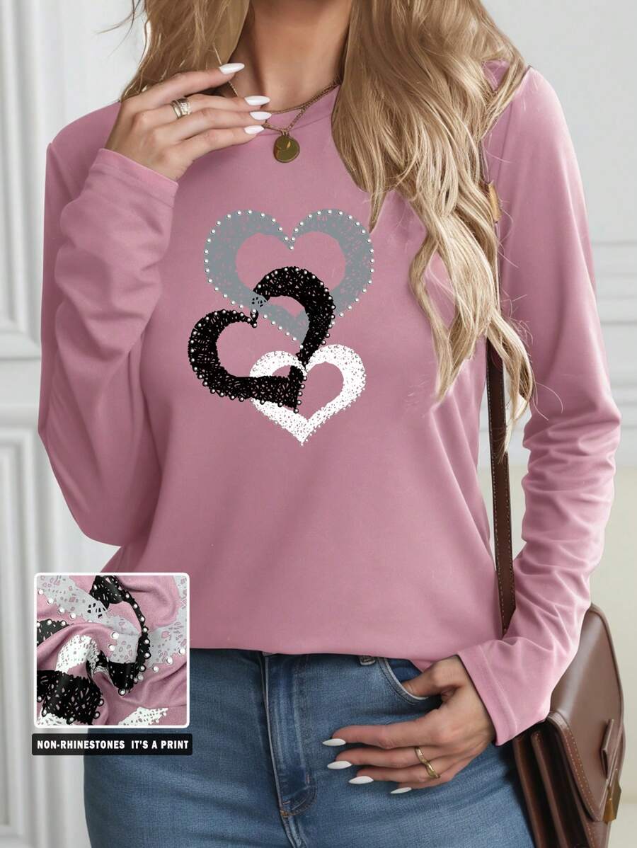 SHEIN LUNE 女士修身长袖心形印花休闲T恤，圆领长袖T恤，印花图案休闲上衣，秋冬图案T恤女装春季上衣 - 藕粉色 - 查看 1