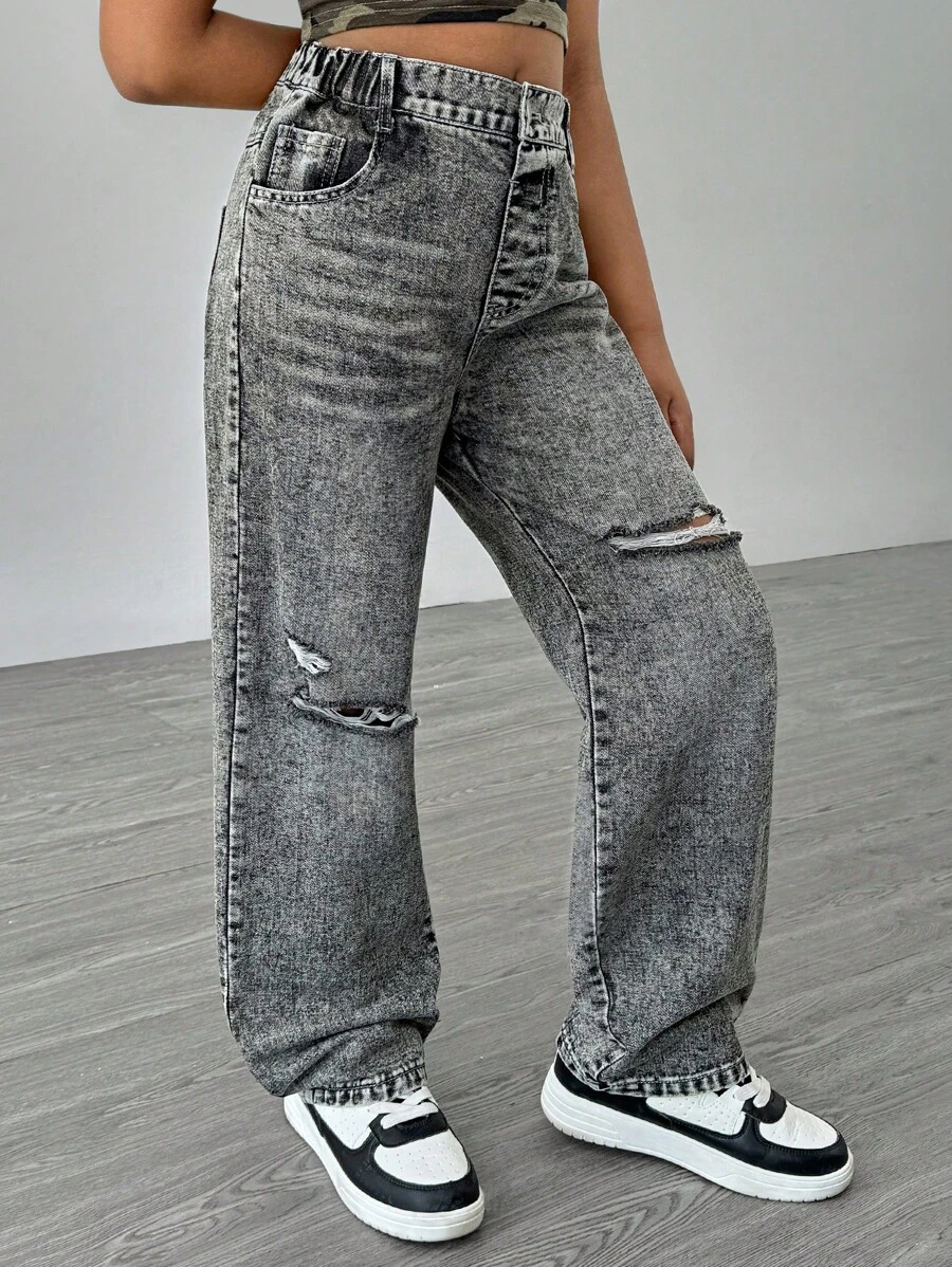 Girls' Minimalist Versatile Distressed Ripped Denim Jeans, Comfortable Washed Straight Leg Pants, Must-Have 2025 Essentials - Grey - View 1
