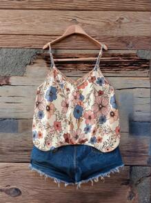 SHEIN VCAY Plus Size Boho V-Neck Lace Patchwork Floral Cami Top, Black Background, Elegant For Vacation, Date, Party, Fashion, For Summer - Apricot - View 2