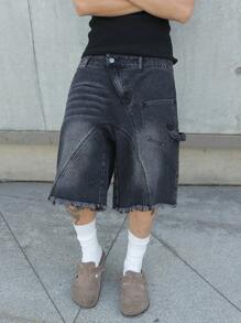 PAVTROS 男式前扣口袋磨边简约休闲黑色牛仔短裤 - 黑色 - 查看 6