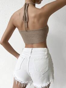 SHEIN VCAY Áo len dệt kim hở lưng cổ yếm màu trơn đơn giản cho nữ - Màu Khaki - Xem 2