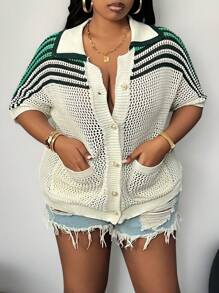 SHEIN CURVE+ Plus Size Women's Casual Green & White Knit Short Sleeve Shirt, Knitted Blouse Top, Suitable For Valentine's Day Winter Fall Autumn - Multicolor - View 3