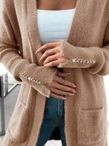 EURMUSE Women Solid Color Hairy Yarn Open Front Pocket Detailed Drop Shoulder Cardigan - Brown - View 2