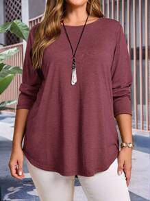 EMERY ROSE Plus Size Fall Women Solid Round Neck Long Sleeve Casual T-Shirt - Burgundy - View 4