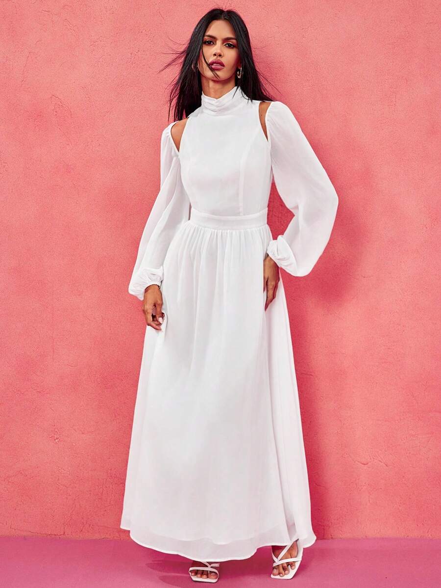 Oxana Vestido largo elegante de mujer diseñador de gasa blanca con mangas de farol y cuello alto, conjunto perfecto para el Día de San Valentín, primavera, festivales, conciertos, baile de graduación y bodas - Blanco - Ver 1