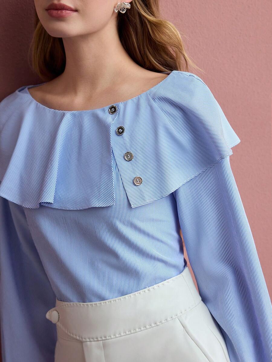 MOTF PREMIUM 条纹荷叶边衬衫 - 藍白色 - 查看 2