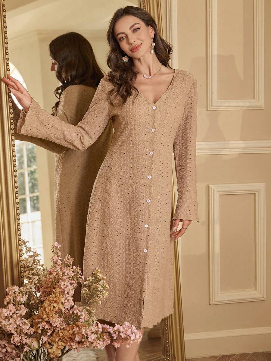 女士 V 领开衫单排扣收腰中长睡袍 - 卡其色 - 查看 1