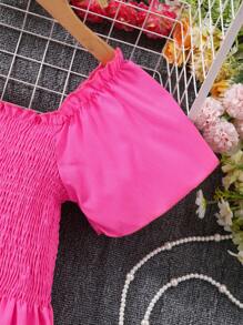 Vestido de manga corta de espalda de tirantes de un solo color para niñas preadolescentes - Rosa Fucsia - Ver 3