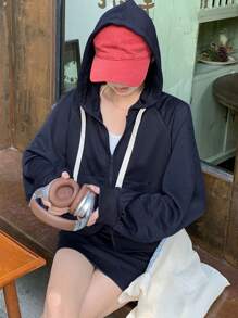 DAZY 女士休闲连帽长袖上衣和A字裙套装（2件套）家居服套装 - 藍色 - 查看 4