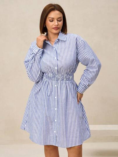 Chikora 大码女式蓝白条纹收腰衬衫裙，长袖，春季