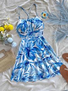 Soleia Vestido Slip Curto Estampado com Flores Azuis, Sem Costas, Verão e Primavera - Azul e Branco - Visão 3