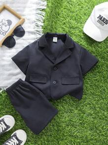 SHEIN Bộ 2 món/Bộ áo sơ mi tay ngắn ve trơn màu cho bé trai và quần short cạp chun - màu đen - Xem 6