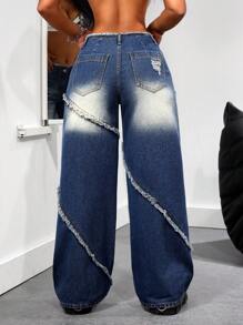 SHEIN ICON 女式宽松破洞口袋磨边下摆休闲牛仔裤 - 藍色 - 查看 2