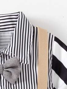 SHEIN Camisa de manga larga a rayas con pantalones cortos tipo tirantes para niños con estilo de caballero, que muestra un aspecto elegante y distinguido. Esta camisa de manga larga combina elementos a rayas y de cuadros, única y de moda. - Multicolor - Ver 4