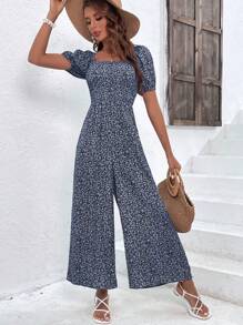 SHEIN Clasi Women Minimalist Allover Print Square Neck Short Sleeve Jumpsuit, Casual - Blue - View 4