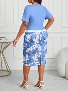 SHEIN Lady Vestido de graduación de manga corta con estampado floral y corte slim, apto para uso profesional de oficina para mujeres de talla grande. Ropa y vestidos adecuados para maestros en las cuatro estaciones. - Celeste - Ver 2