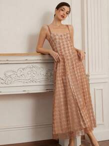 Chiquease Váy dự tiệc trang trọng phong cách Pháp thanh lịch với thân áo bằng vải hoa 3D, có cúp ngực, xếp ly và chi tiết xẻ tà phía trước - màu nâu - Xem 5