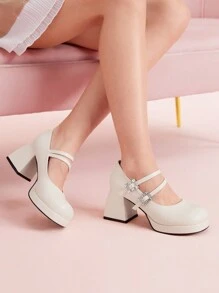 CUCCOO DOLLMOD Round Toe Mary Jane Style New French Design Strap Rhinestone Square Buckle High Heel Waterproof Platform Thick Heel Women's Pumps Spring Shoes Spring Break Easter